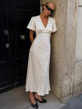 Tossy French Vintage V-Neck Puff Sleeve Satin Dress Women Elegant Floral Print Ruched Mermaid Maxi Sundress Fairycore Robe 2026