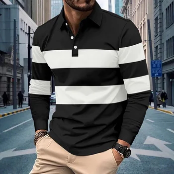 Polo a Maniche Lunghe Primaverile e Autunnale, Stile Europeo e Americano, Casual da Uomo, a Righe con Colletto, T-shirt da Uomo