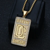 Hip Hop Custom Stainless Steel Gold Crystal Pendant Cubic Zirconia Necklace Men Square Pearl Chain Wholesale 1