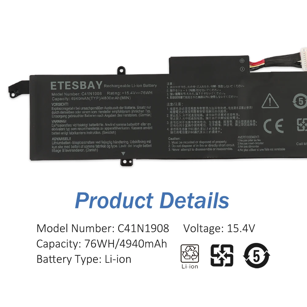 Etesbay-bateria do Portátil para Asus Rog Zephyrus G14 Ga401ii Ga401iv Ga401ih Ga401iu Series Notebook C41n1908 15.4v - Imagem 5