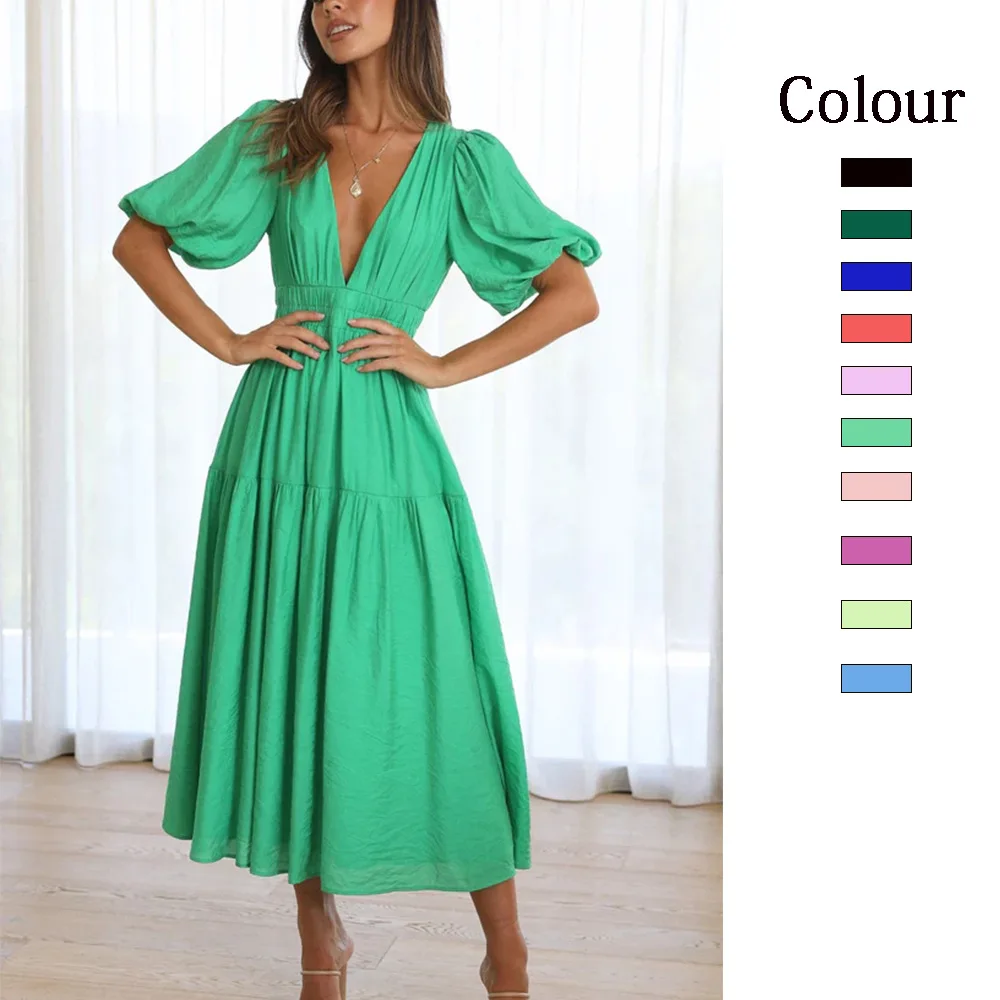 

2024 Summer New Solid Color Long Dresses Women Deep V-neck Puff Sleeves A-line Dress Fashion Trendy Ladies Vestidos Streetwear