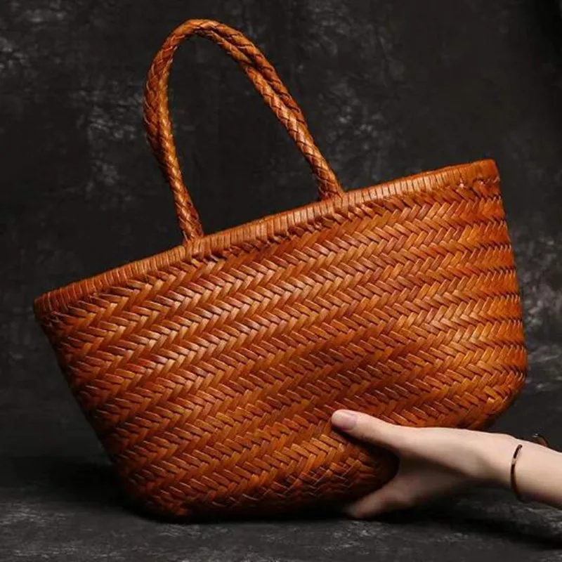 Vintage Genuine Leather Woven Shoulder Bag with Inner Bag Weaving Casual Women's Shopping Bag Tote Purse Cowhide Cross Hand Bags