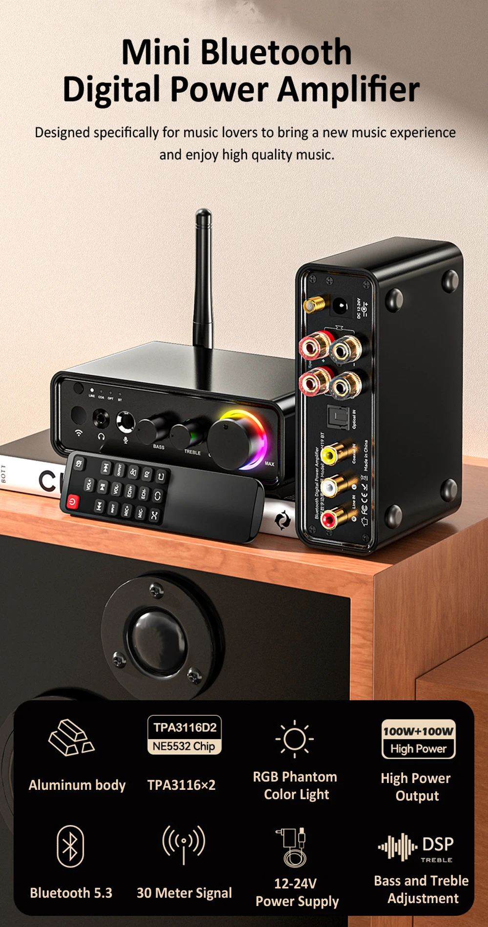 200W Sound Amplifier MT19 BT TPA3116D2 Bluetooth 5.3 Class D Channel 2.0 Hifi Am