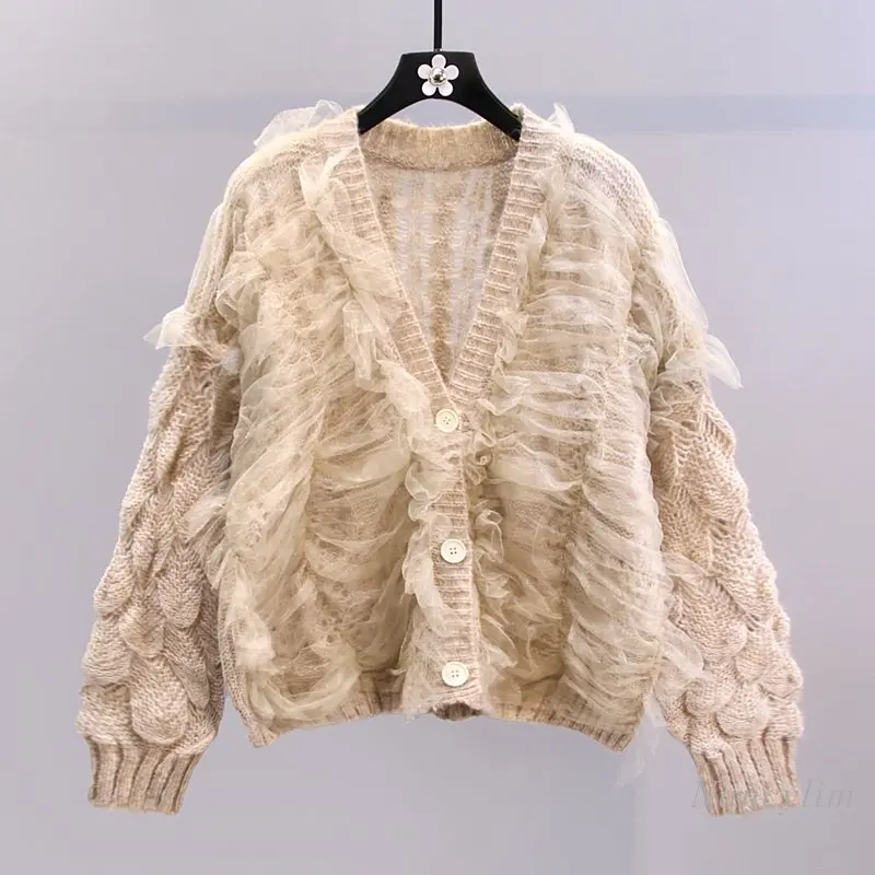 

Mesh Sweater Coat for Women 2023 Spring New Korean Style Loose Knitted Cardigan Khaki White