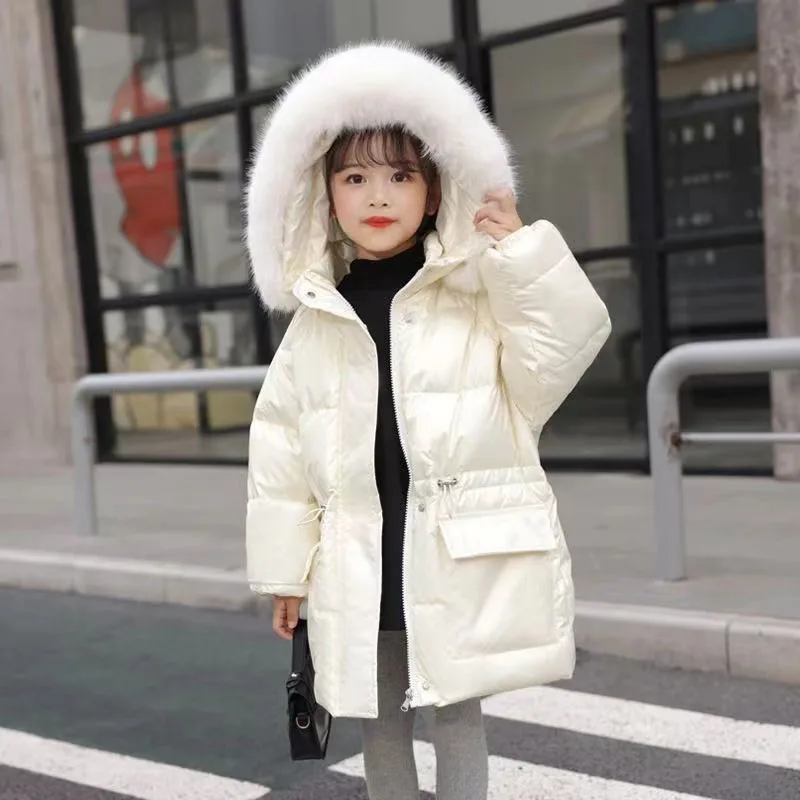 

3-14 Years Old Winter Girls Jacket Long Style Hooded Fur Collar Heavy Coat For Kids Children Outerwear Five Colors