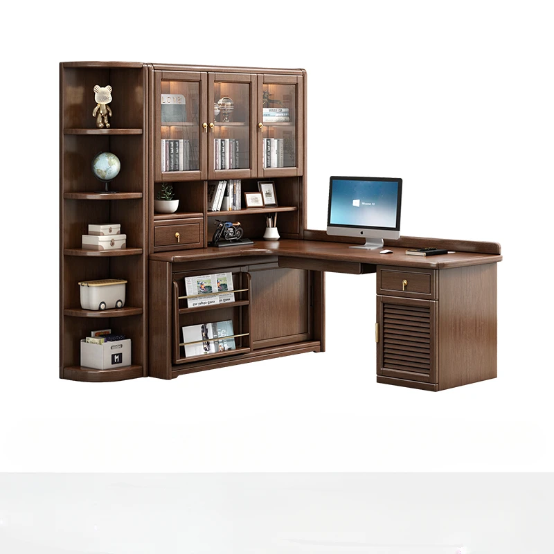 

New Chinese Style Solid Wood Corner Desk Bookshelf Integrated Bookcase Home Desktop Computer Desk Desk Writing Study Table