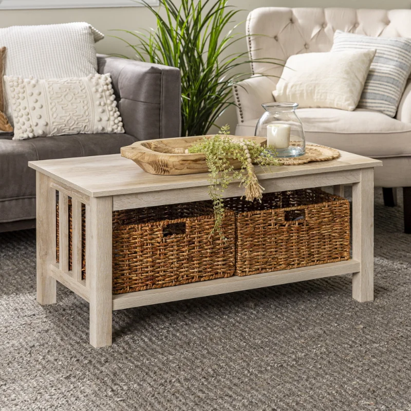 

Woven Paths Traditional Storage Coffee Table with Bins, White Oak living room furniture