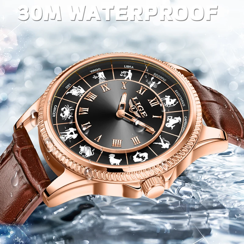 LIGE Creative Watch For Men Fashion 12 Constellation Waterproof Watches Men Casual Business Leather Luminous Quartz Wristwatch
