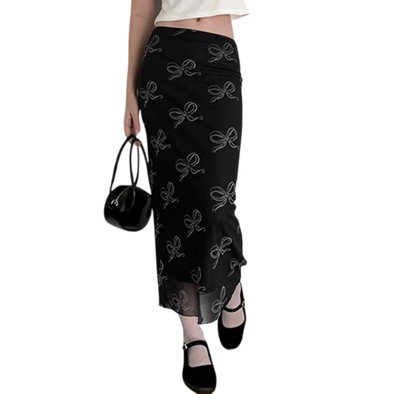Falda Y2K Fairycore para mujer, con estampado de lazo y ribete de encaje, de cintura baja, de malla, ajustada, estilo grunge de los años 2000, para fiestas y ropa de calle.