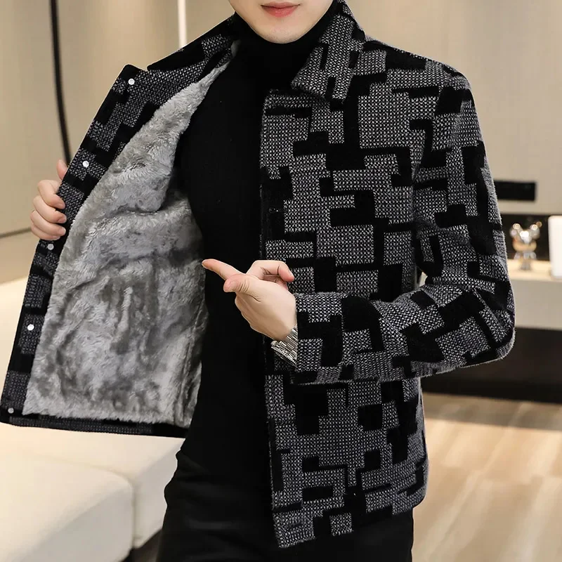 

Winter Thicken Warm Wool Blends Jacket Men Fashion Plaid Casual Coat Slim Lapel Streetwear Overcoat Social Clothing 2024