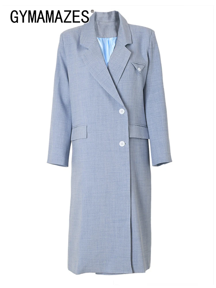 

GYMAMAZES Solid Patchwork Pocket Trench For Women Notched Collar Long Sleeve Spliced Button Minimalist Coats Female Fashion New