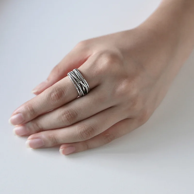 

Sterling Silver Rings Retro Jewelry Fashion Multi-layer Winding Twists Opening Ring Original Rings for Female Party
