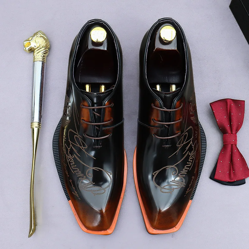 Embossed Printed Business Formal Cowhide Men's Oxfords Genuine Leather Casual Lacquered Shiny British Shoes
