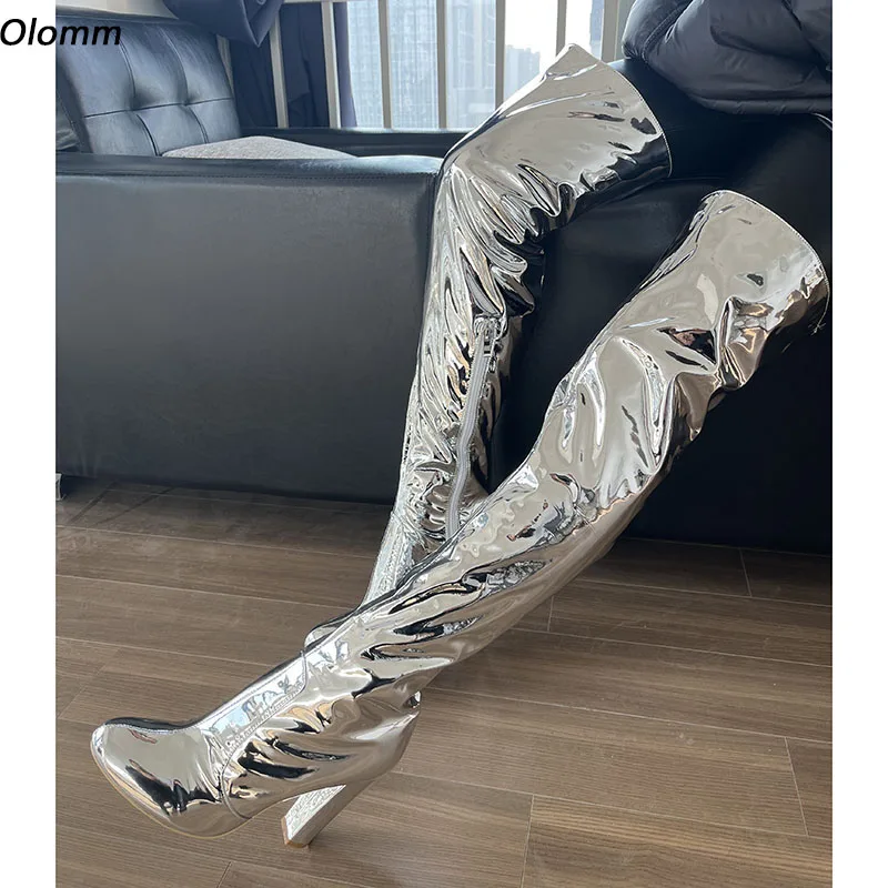 

OLOMM 2024 Women Winter Thigh Boots Chunky Heels Side Zipper Round Toe Gorgeous Silver Gold Club Shoes Ladies US Size 5-20