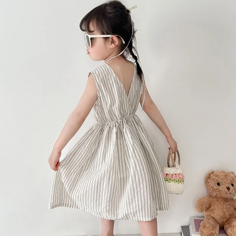 

2024 New Summer Sister Clothing Kids Princess Dresses Sleeveless Cotton Stripes Baby Girl Party Dress Korean Style Dress