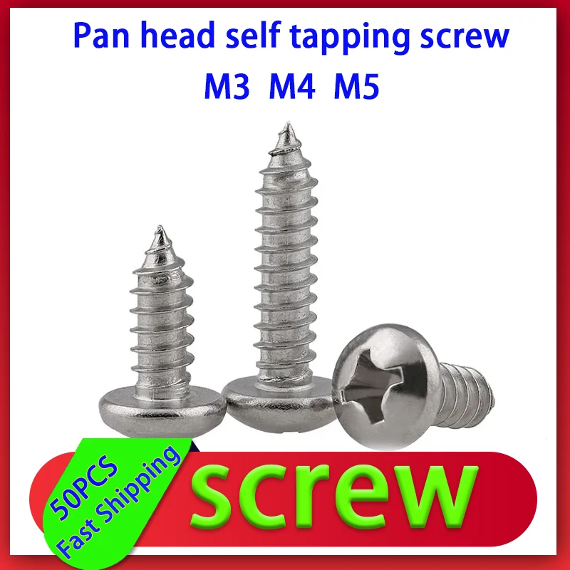 

50PCS M3 M4 M5 Cross Round Head Self Tapping Screw Nail PA 201 Stainless Steel Pan Head Tapping Wood Screws GB845