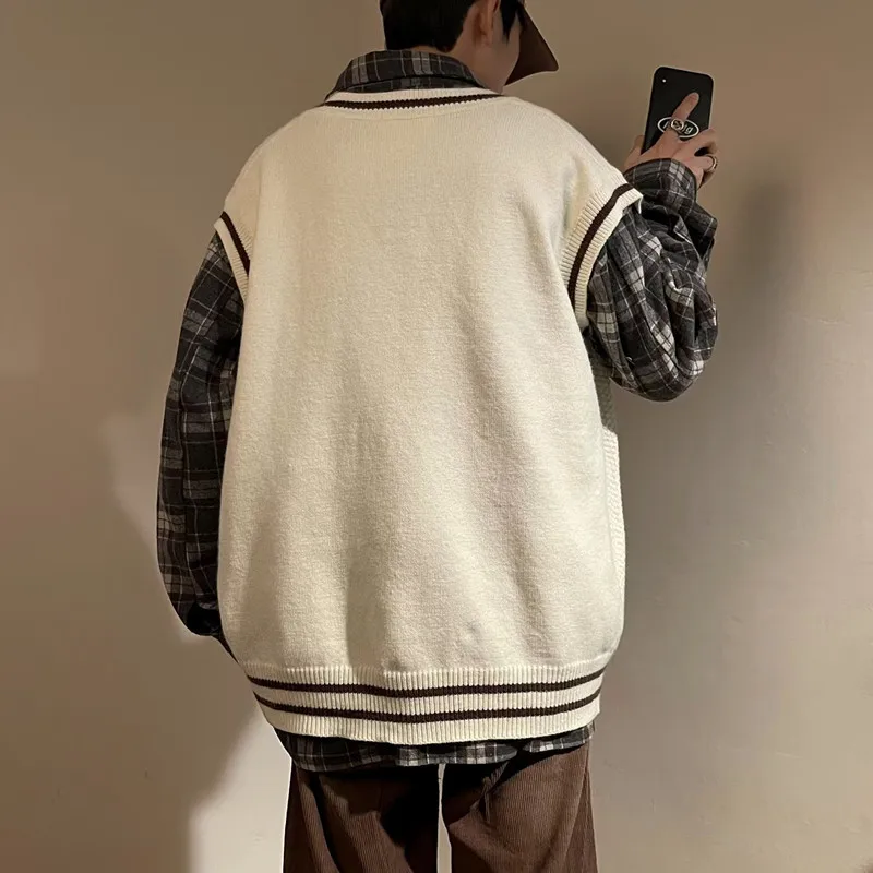Men Sweater Vests Thickening Autumn Winter V-neck Sleeveless Knitted Tops Warm Ins Loose Striped Casual Male Baggy Korean Style