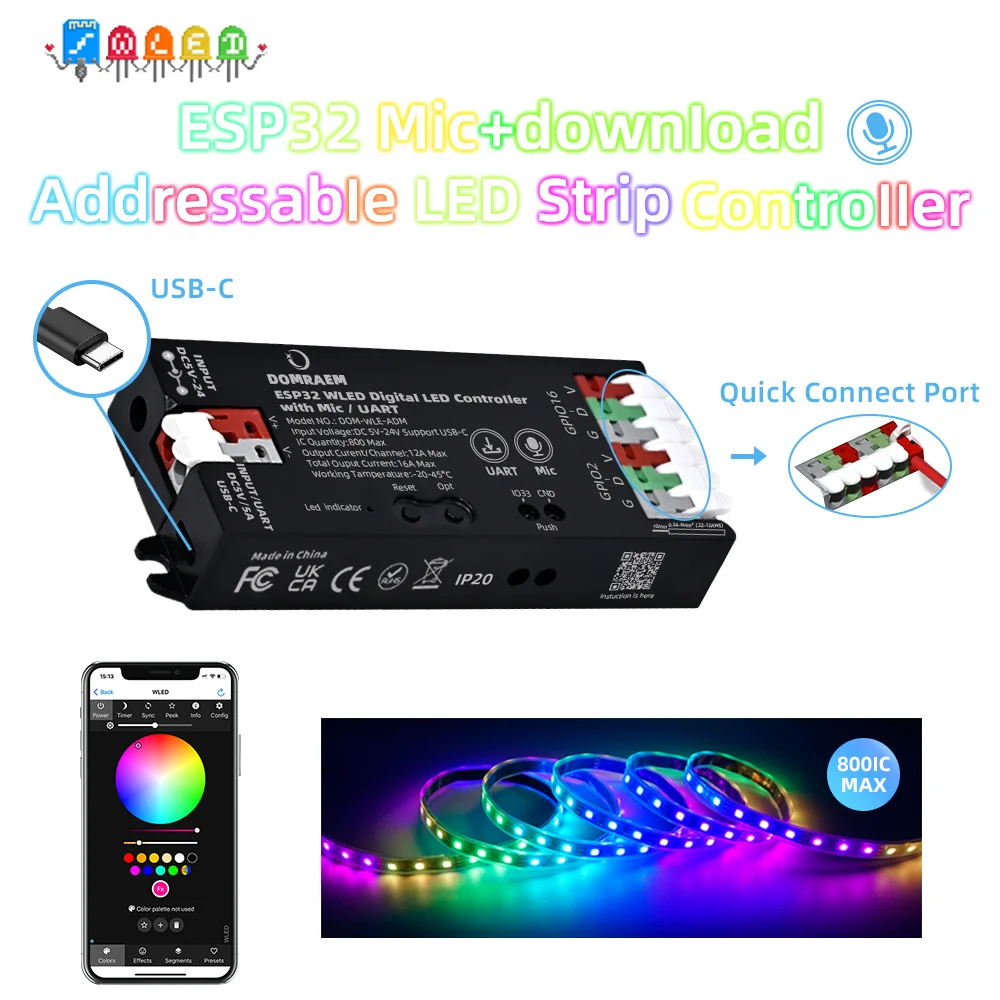 DOMRAEM WLED Digital Music LED Controller with Mic & Relay -ESP32 2CH 16A for WS281X/SK6812 (800ICS). Type-C & UART. Alexa/HA.