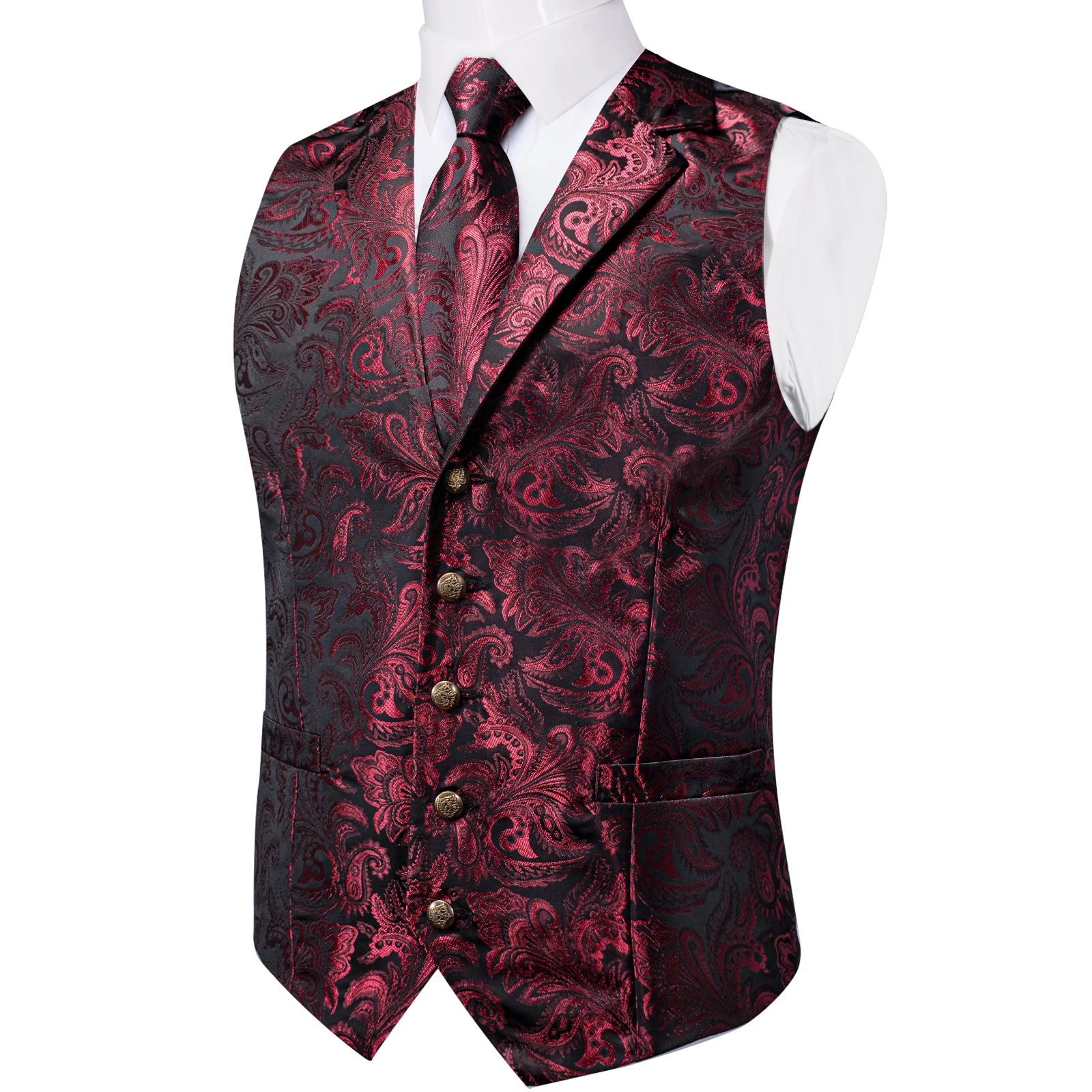Designer Men's Suit Vest Red Paisley Wedding Party Silk Waistcoat Neck Tie Handkerchief Cufflinks Gilet Men Clothing DiBanGu 3