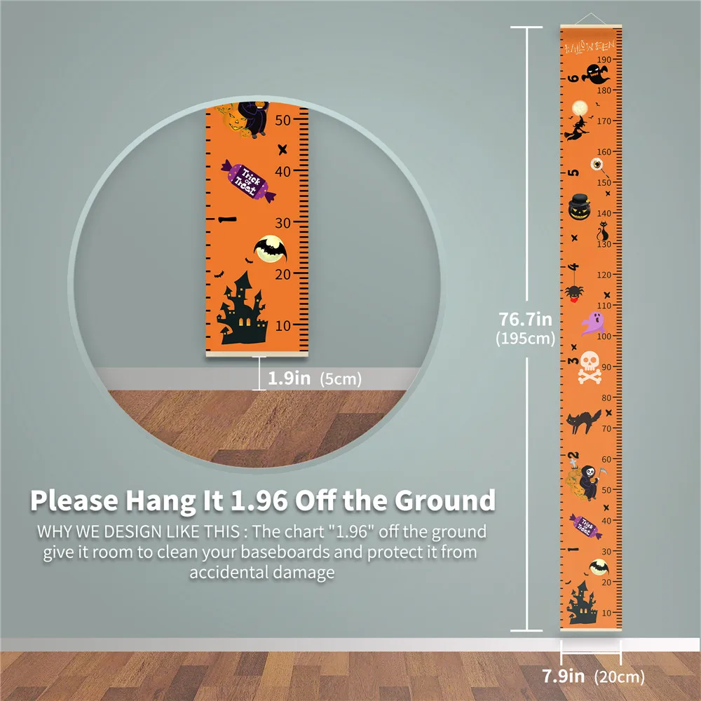 Halloween Decor Baby Growth Chart Cartoon Pumpkin Ghost Bat Prints Height Measuring Ruler for Children Bedroom Living Room Deco