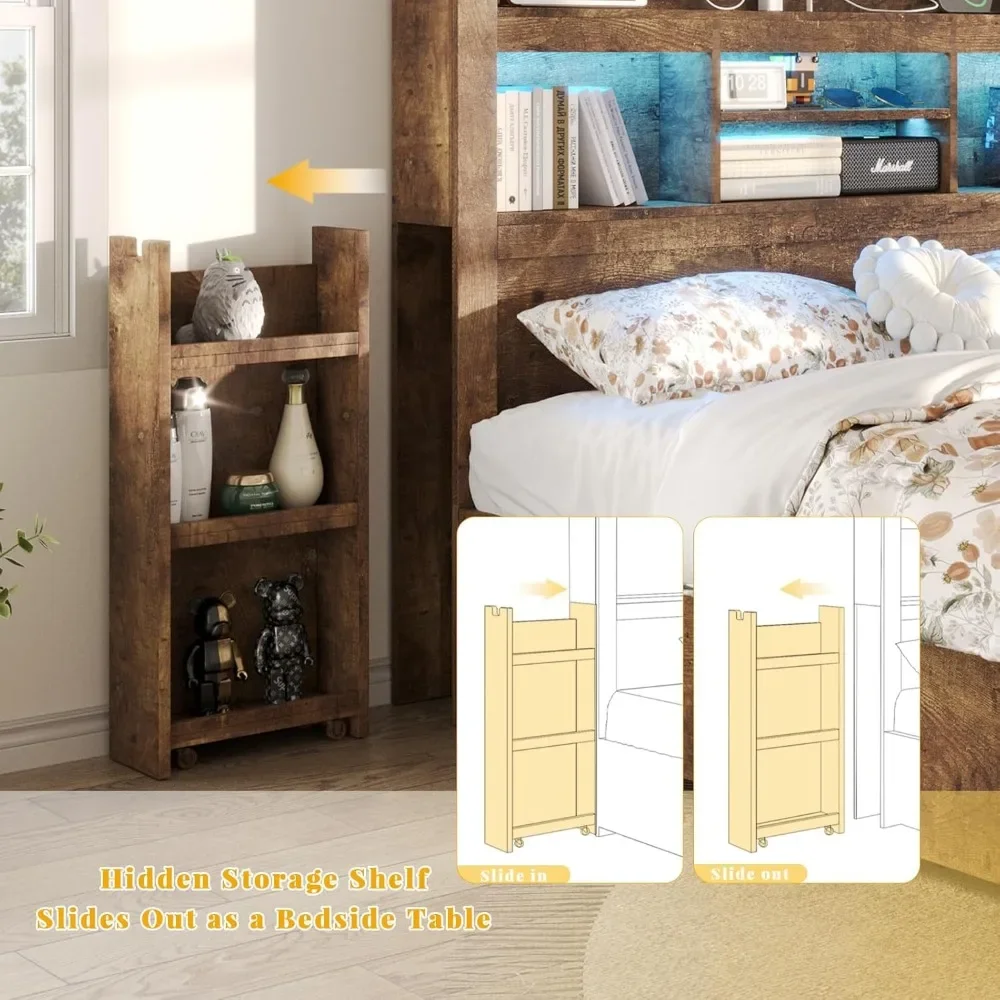 bedstead with 49.6" Bookcase Headboard & 2 Detachable Bedside Stoage Racks & 4 Drawers, with RGB LED & Charging Station,bedstead 4
