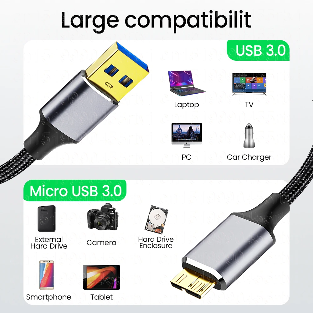 Cabo USB 3.0 Tipo A para Micro B, 5GBPS, 2A Fast Data Sync Cord, USB 3.0 para Micro B Adapter, Cabo de disco rígido externo, 1 2m