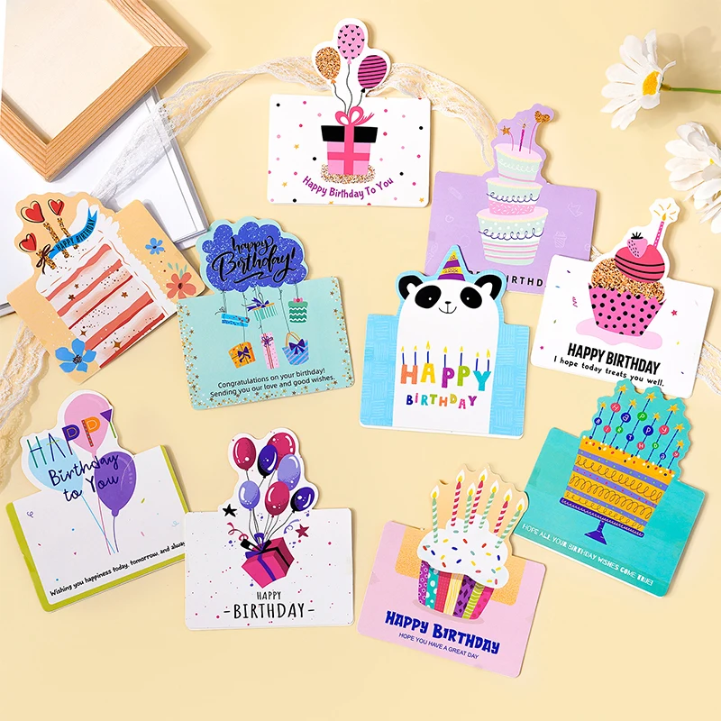 10 Birthday Cards, 3D Small Size Cartoon, Simple Folding, Handwritten Blessing Message, Birthday Card