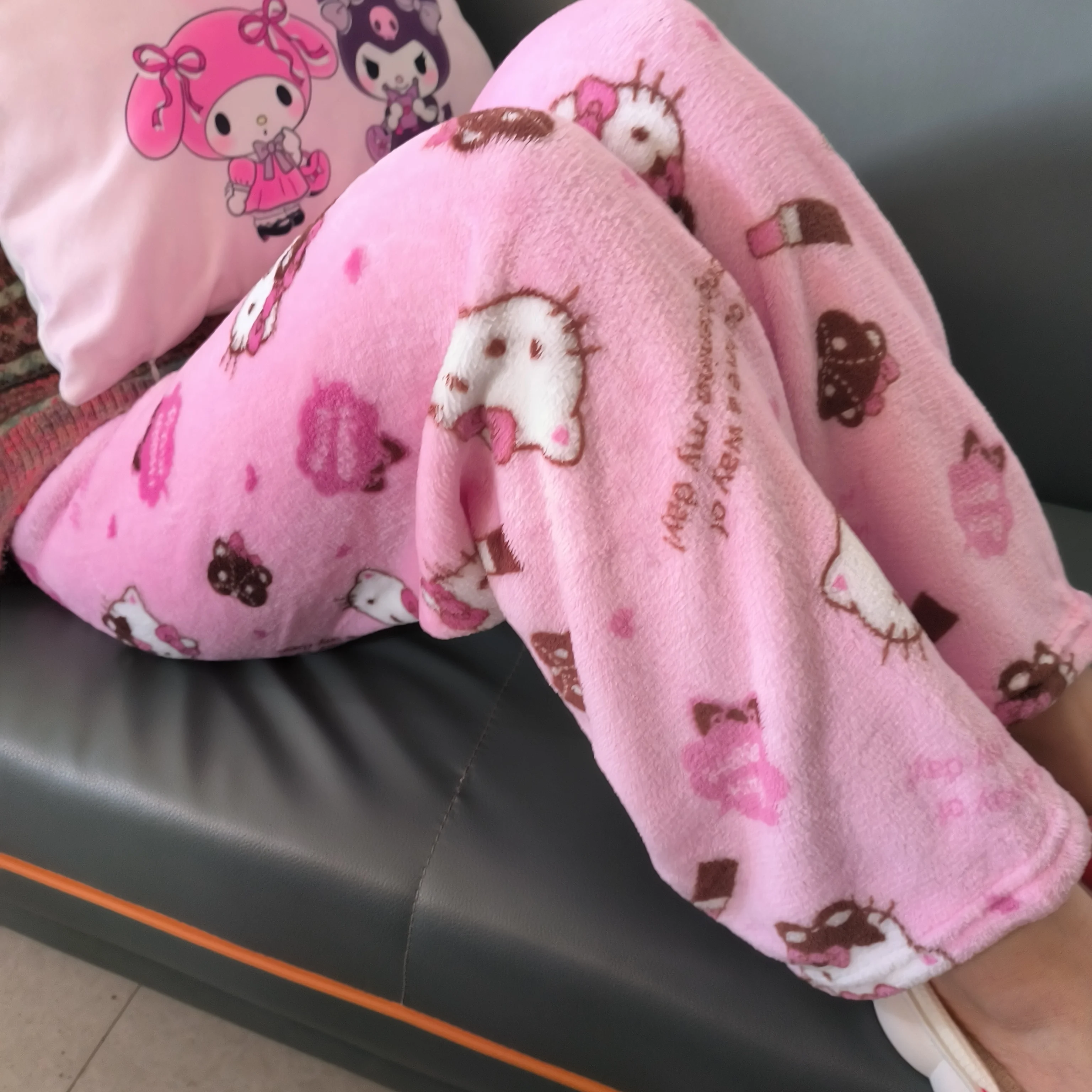 Sanrio Hello Kitty Fleece Coral Pajama Pants Women Casual Home Trousers Kawaii Anime Cartoon Birthday Gift