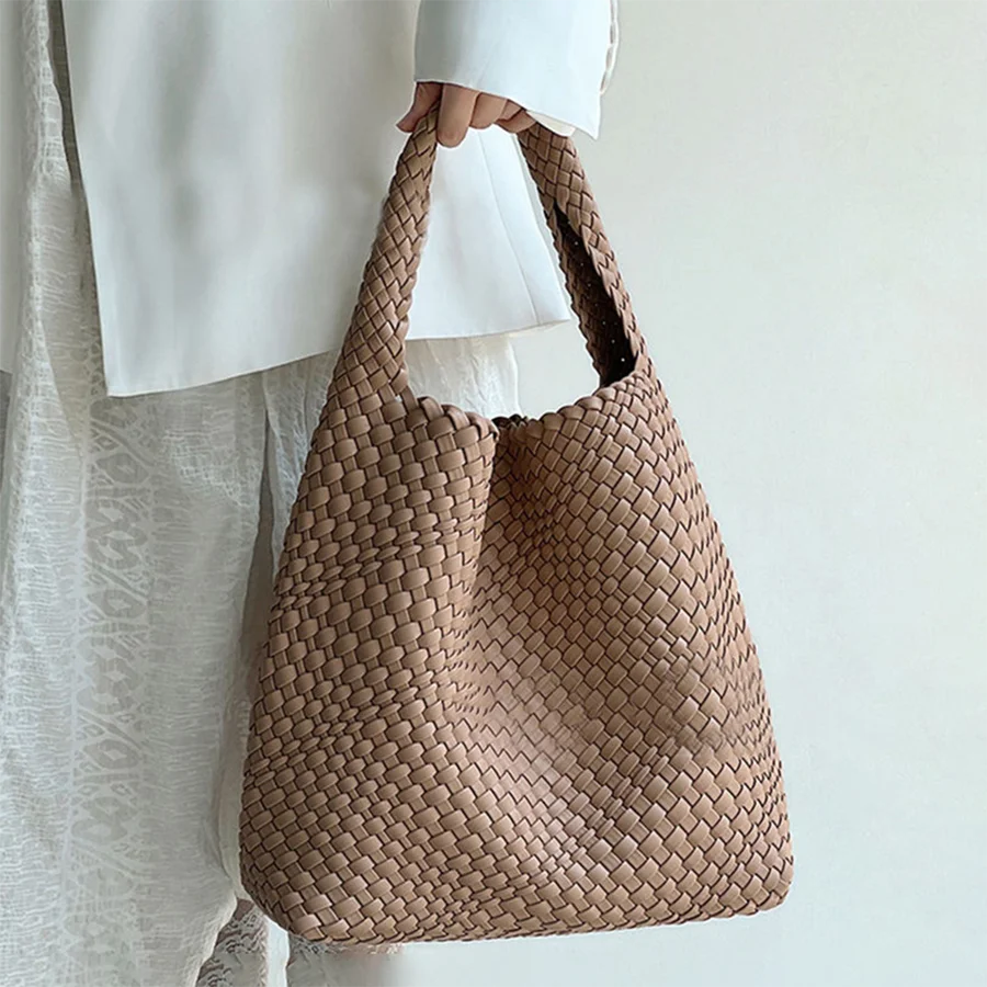 

Neoprene Woven Bag Large Capacity Portable Handbag For Women Designer Cowhide Weave Style Beach Hand Casual Knitted Tote Bags