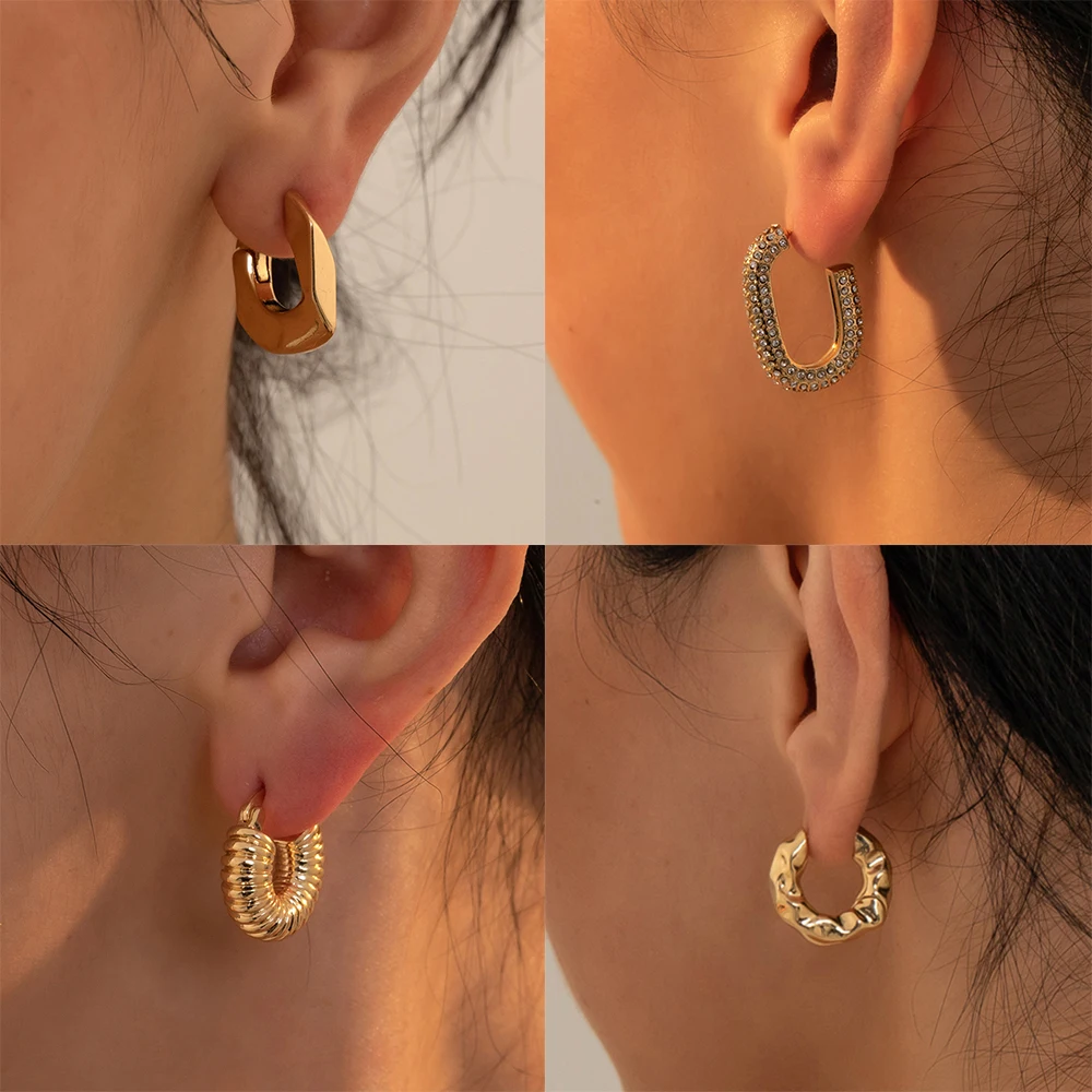 Punk Gold Color Twist Round Piercing Hoop Earrings Female Luxury CZ Crystal Geometric Ear Buckle Huggie Earrings Women Jewelry