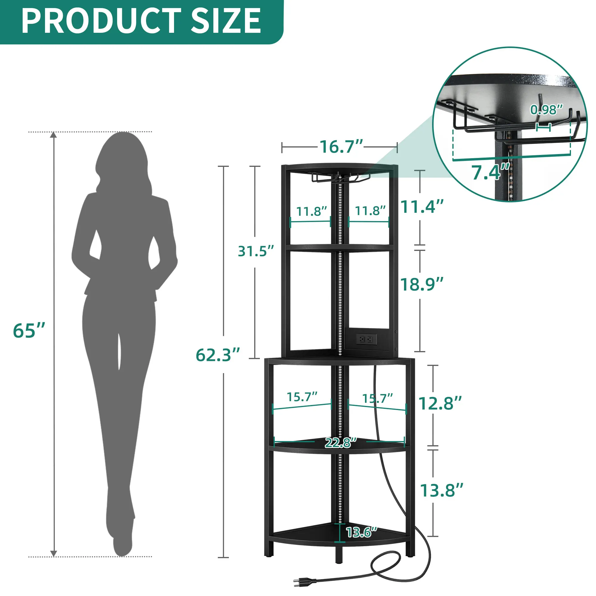 Corner Shelf with Power Outlets & LED Lights Bookshelf Bookcase Display Shelves