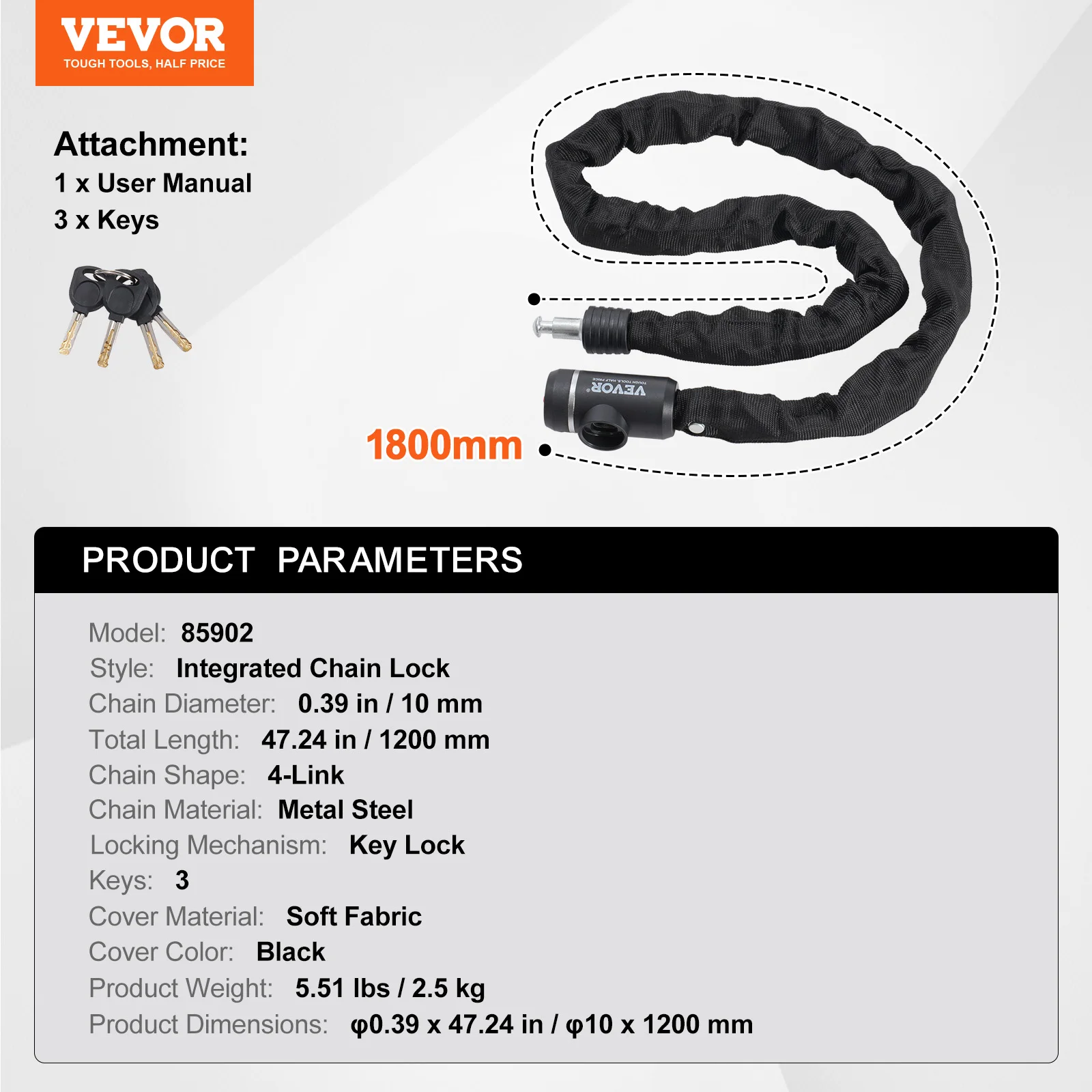 VEVOR 85/100/120/180cm Heavy Duty Anti-Theft High Security Chain Lock With 3 Keys For Bike Motorcycle Scooter Door Fence or Gate