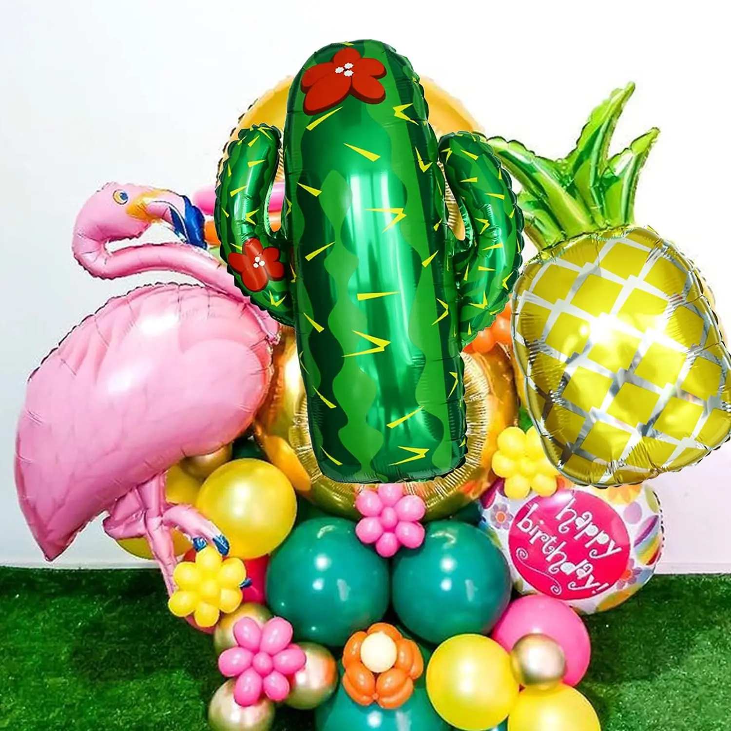 파인애플 선인장 하와이 풍선 세트, 플라밍고 알루미늄 필름 풍선, 여름 해변 열대 파티 장식 