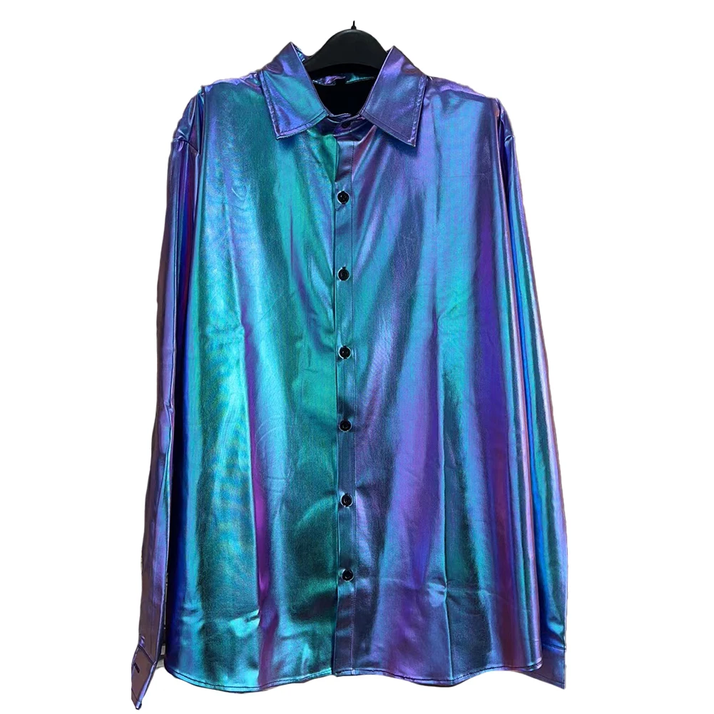 

Fashion Laser Shiny Shirts Casual Baggy Single Breasted Long Sleeve Solid Color Normal Shirt Tops Clothing For Men