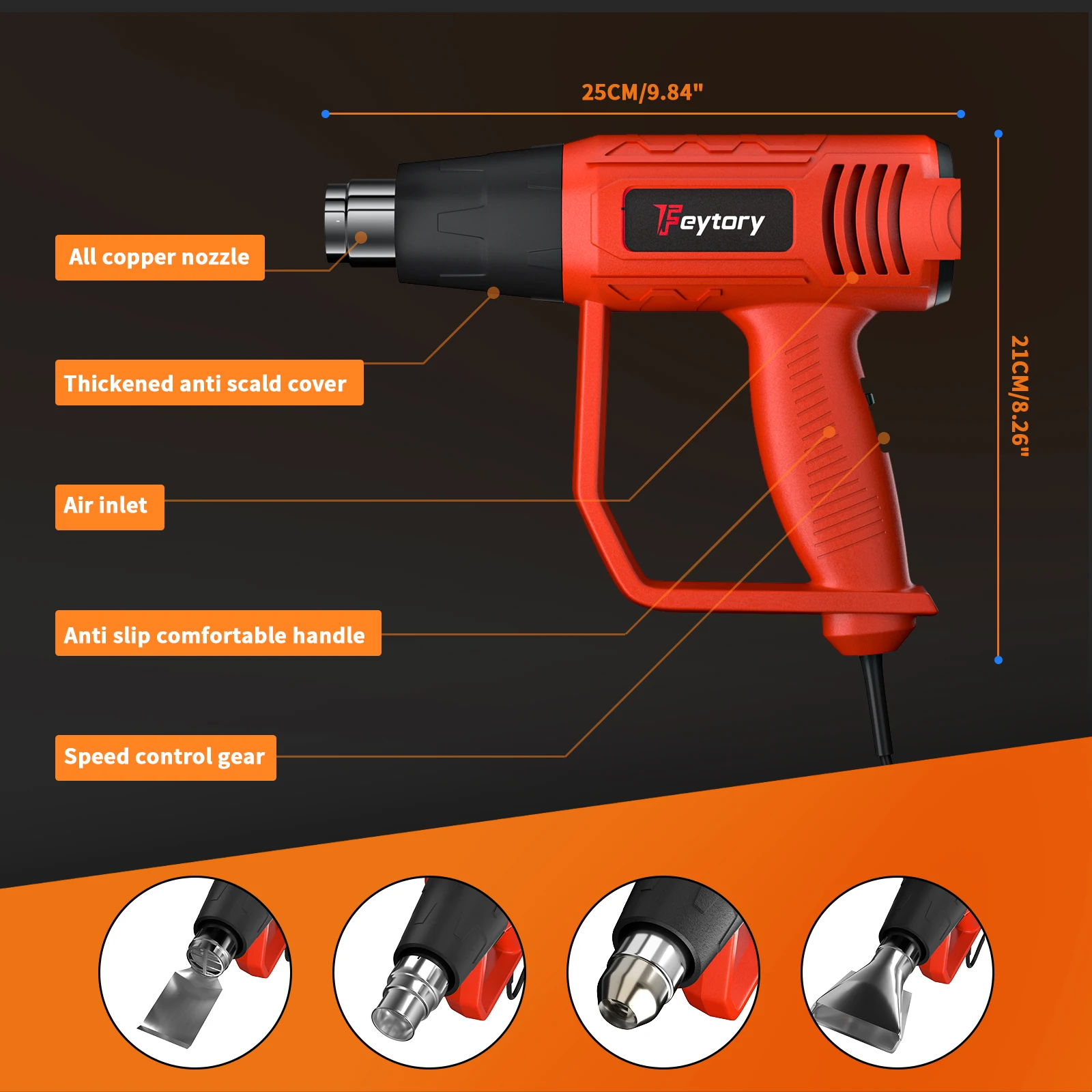 DayPlus Heißluftpistole, 2000 W, professionelle Dual-Temperatureinstellungen, Doppelheizdraht 60 ℃ -600 ℃ Schnell erhitzendes Heißluftpistolen-Set, 4 Düsen – Detail 6