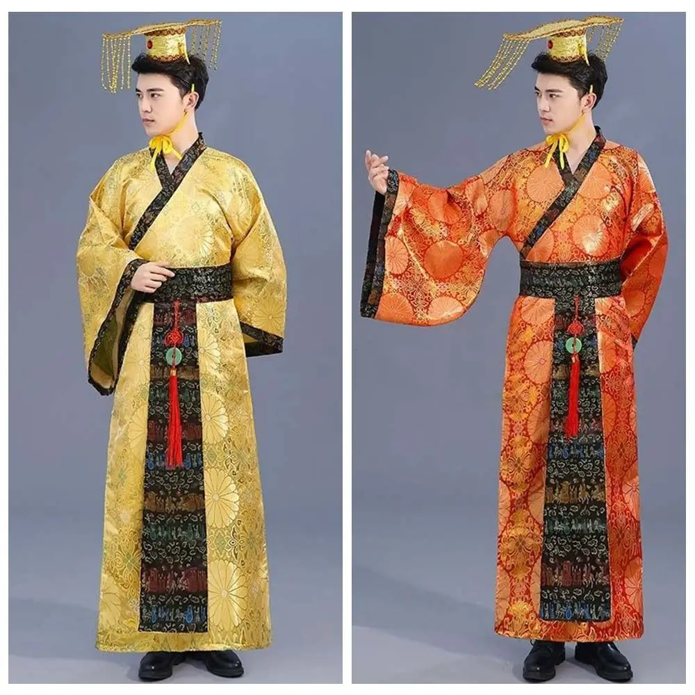 

Outfit Ancient Chinese Men Hanfu Stage Costumes Suit Robe Hat Set Men Ancient Costume Folk Dance