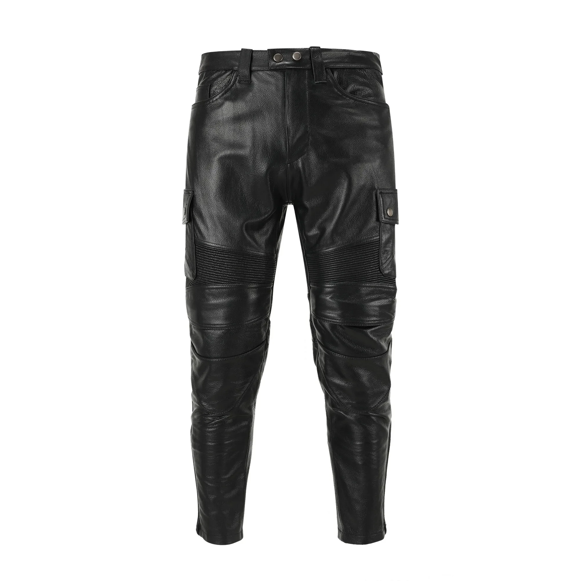 

Мужские черные зауженные прямые мотоциклетные брюки из воловьей кожи с верхним слоем и дополнительным защитным снаряжением
