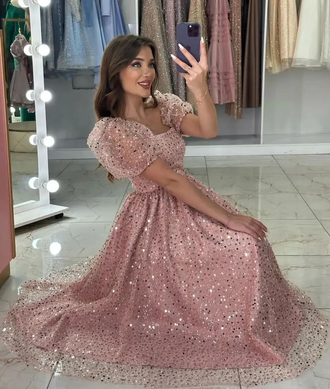 

Vintage Square Neck Evening Dresses Puff Sleeves Sequins Beadings Ankle Length Elegant Party Prom Dresses Vestidos De Noche