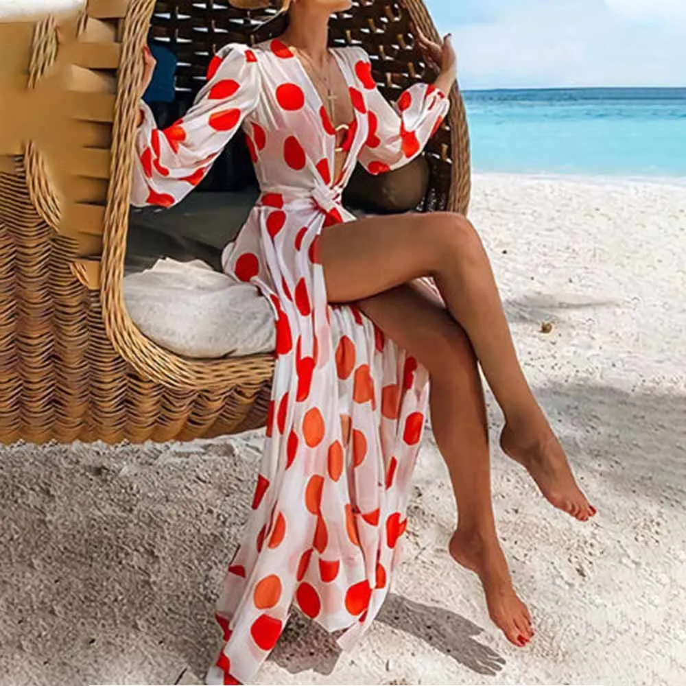 Polka-Dot Floral-Print Puff Sleeves Dress One Piece 2024 Summer Red Single Deep-v Beachwear Bandage Beach Long Sleeve Cover Up
