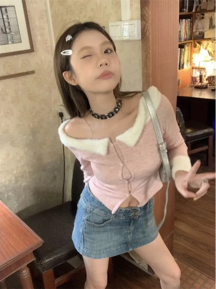 용수철 슬래시 넥 푹신한 패치워크 크롭 가디건, Y2k 미적 섹시 대비 색상, 스위트 니트 패션 여성 점퍼