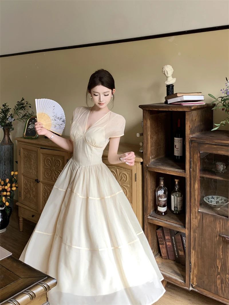 Elegant Long Dresses for Women V-neck A-line Birthday Party Dress French Casual High Waist Summer New Prom Retro Vestidos Mujer