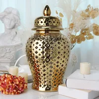 Pierced Gold Ceramic Vase Ginger Jar with Lid Hollow Out Storage Jar Bud Vase Carved Lattice Temple Jar for Room Home Decorative 1