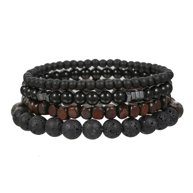 4 pièces/ensemble pierre de galle noire pierre volcanique perles de bois multicouche hommes combinaison Bracelet élastique pour Couple amis bijoux