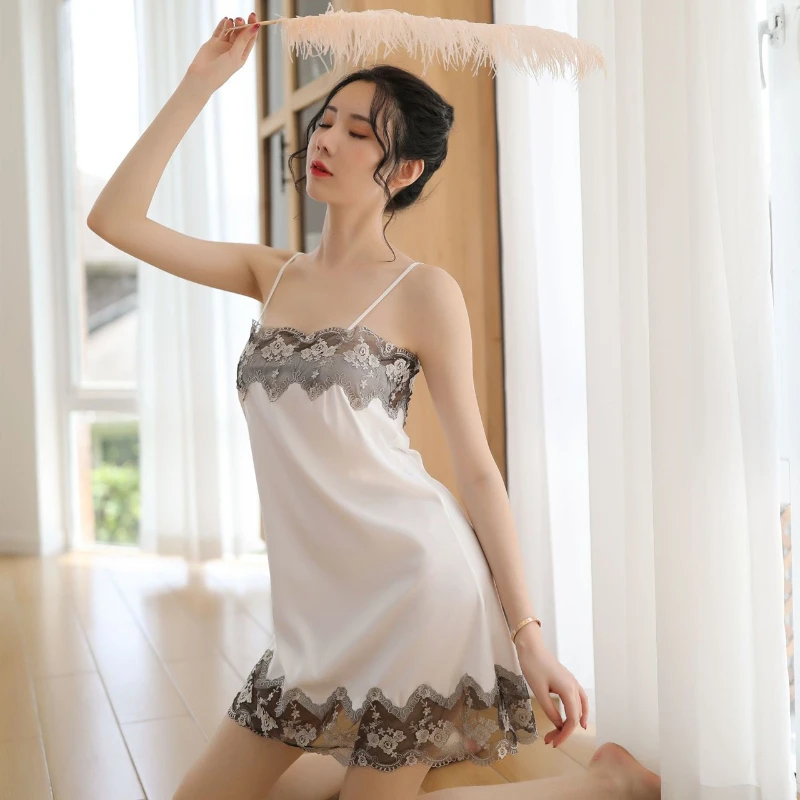 2023 Women's Sexy Lace Satin Pajamas Women's Seductive Backless Suspender Pajamas Fashion Embroidered Straps Home Wear