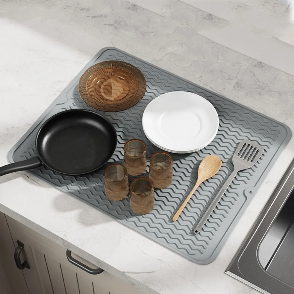 Silicone Dish Drying Mat Non-Slip Drying Rack Pad for Kitchen Counter Heat Resistant Food-Grade Drain Board Dishwasher Safe