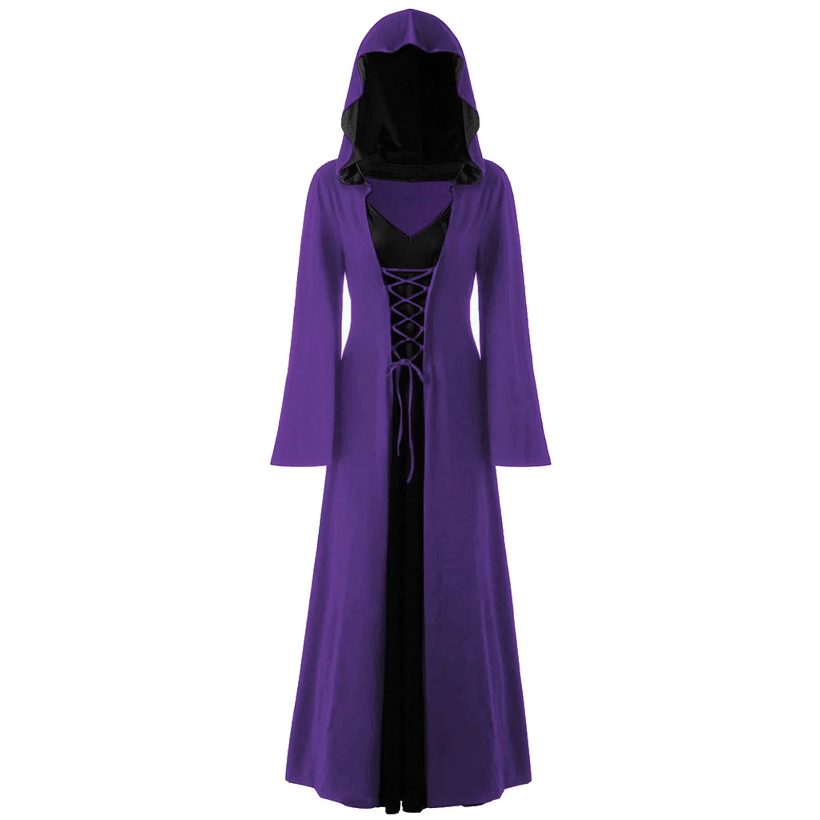 

Womens Halloween Witch Cosplay Hooded Robe Carnival Theme Party Roleplay Costume Lace-up Front V Neck Long Sleeve Vintage Dress