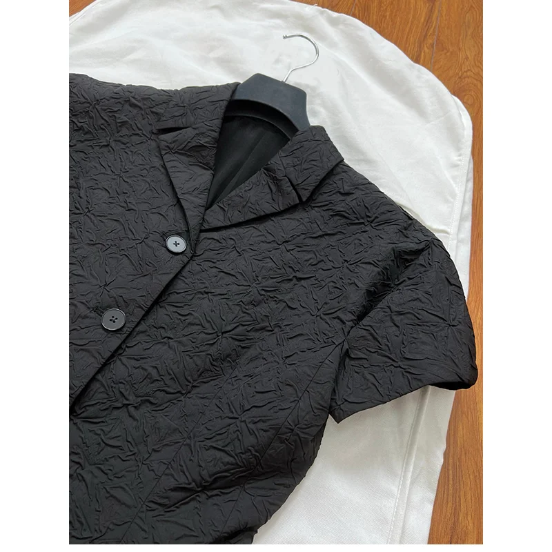 French Style Slim Waist Suit Coat Office Ladies 2024 Spring and Summer New Short Sleeve Slimming Pleated Suit Jacket for Women