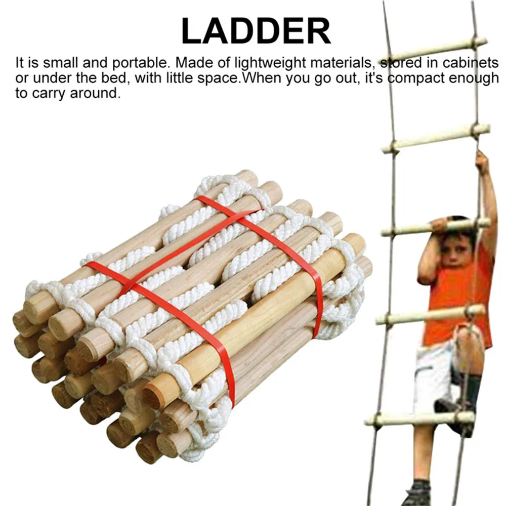 Wooden Rope Ladder Home Lifeline Outdoor Round Soft Steps Escape Ladder Fire Rescue Home Climbing Rungs 3M 5m