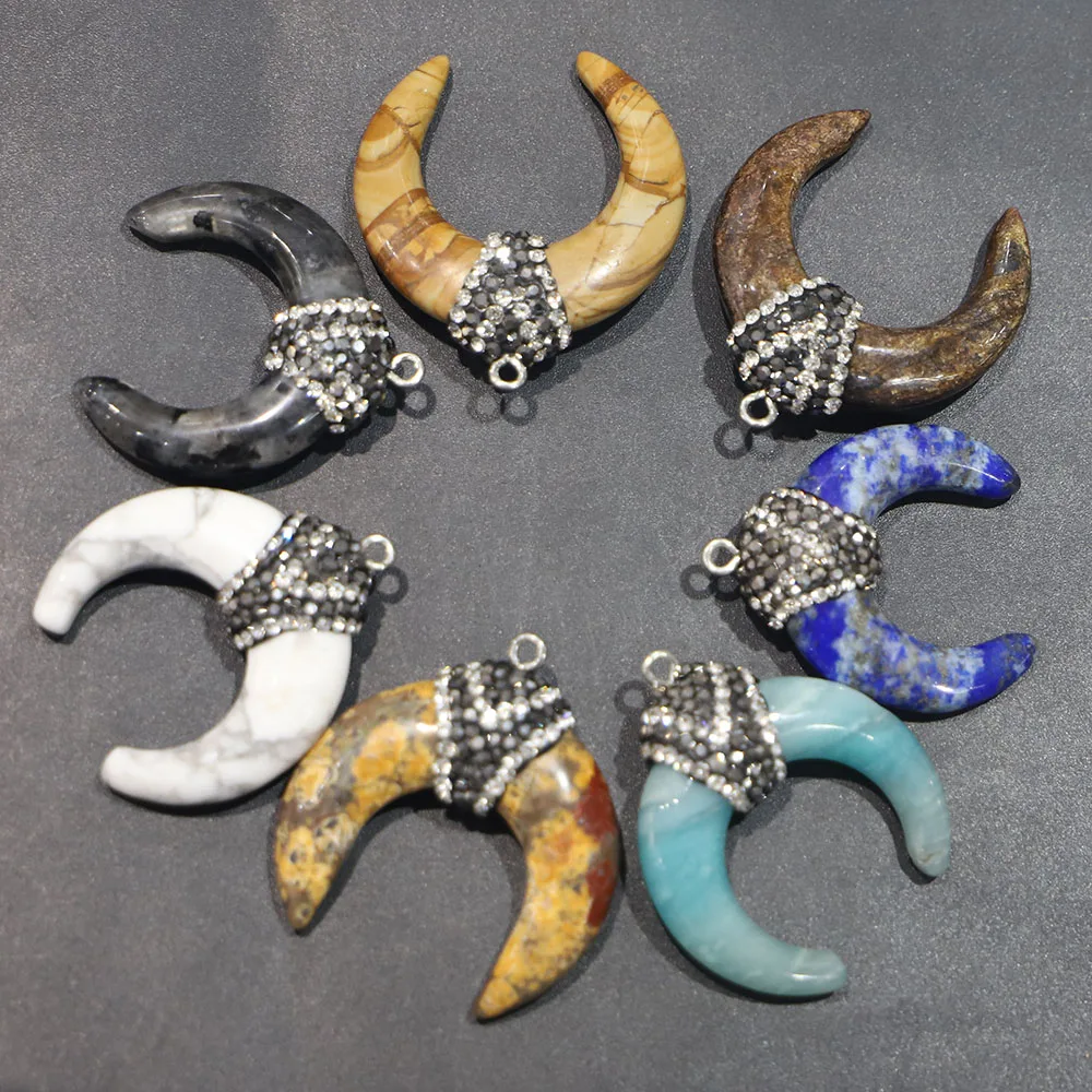 

Selling Natural Stone Bull Horn Crescent Moon Necklaces Pendants Healing Reiki Charms Fashion Jewelry Accessories Wholesale 4Pcs