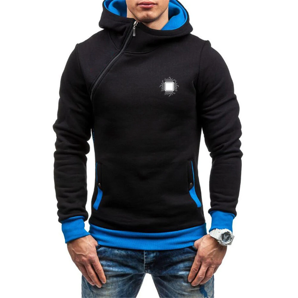 2023 New CPU Processor Circuit Diagram Spring and Autumn Casual Solid Men Diagonal Zipper Long Sleeve Sweatshirts Hoody Pullover